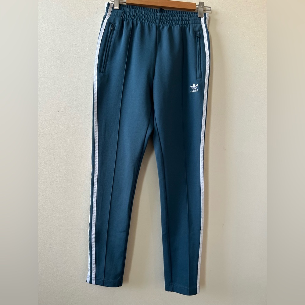 Adidas Women's Teal Skinny Pants with White Stripes